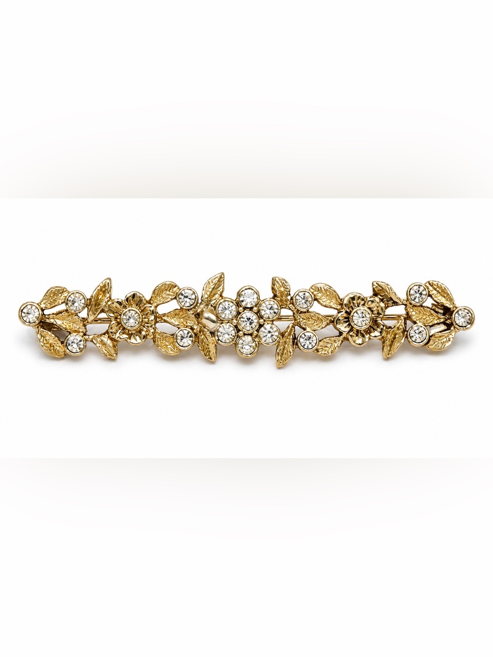 Vintage Rhinestone Floral Bar Brooch Gold Tone Clear Crystal Wedding Bridal Pin